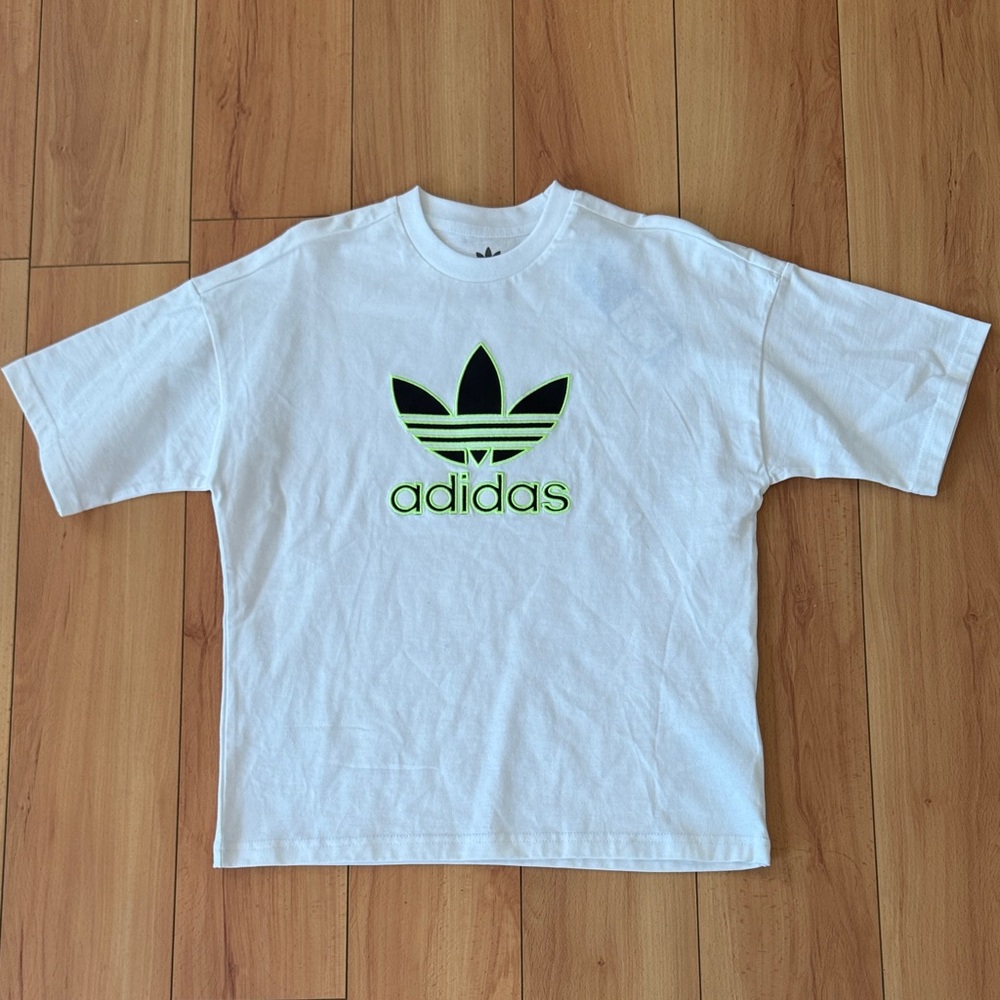 Adidas Kids White Tee with Black and Green Logo